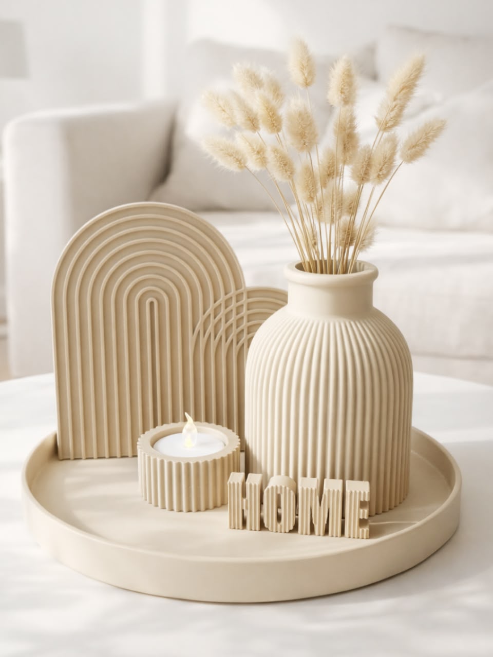 White home decor set styled on a tray in a bright living room