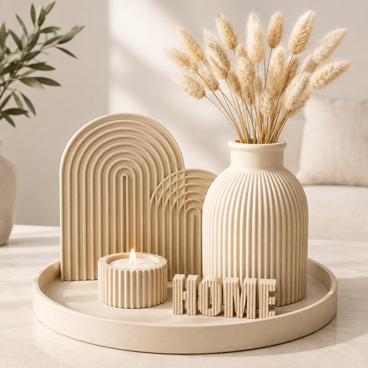 White home decor set with vase, sculptural accents, candle holder, decorative lettering, and tray