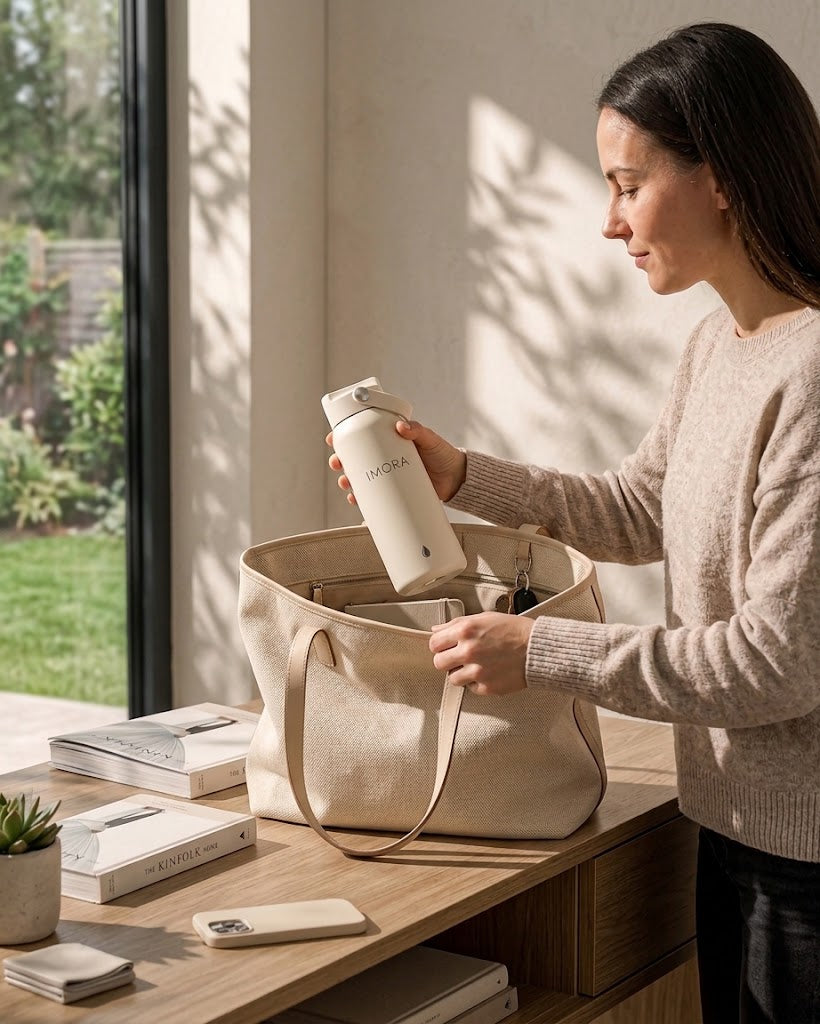 Person drinking from insulated water bottle